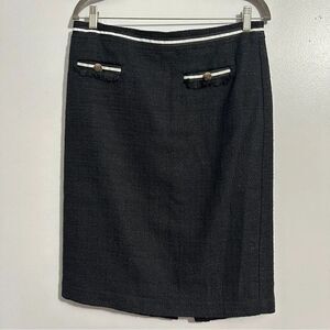 Talbots Black Pencil Skirt Unique Front Buttons Slit In Back size 10